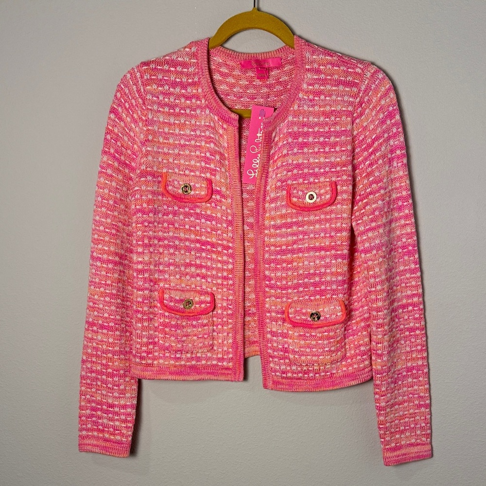 Lilly Pulitzer Kienna Cardigan Pink Orange Tweed Sweater NWT